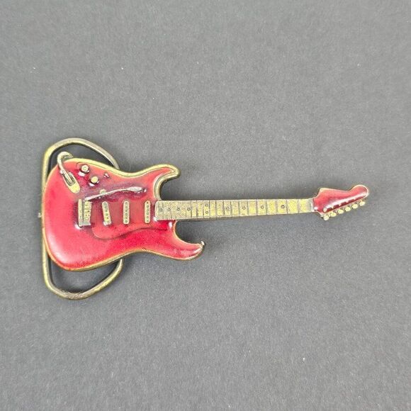Belt Buckle Electric Guitar Red Enamel VTG 80s The Great American Buckle Company - Picture 11 of 11